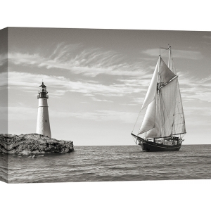 Art print and canvas, Sailboat approaching Lighthouse