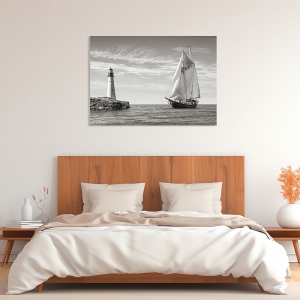 Quadro, stampa su tela. Barca a vela nei pressi del faro, Mediterraneo di Pangea Images