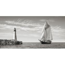 Art print and canvas, Sailboat approaching Lighthouse, det