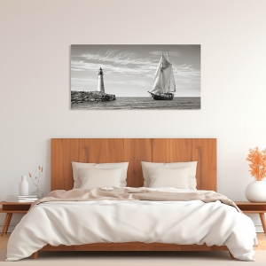 Art print and canvas, Sailboat approaching Lighthouse, det