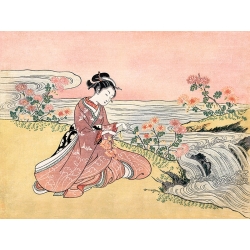 Art print, Japanese woman picking chrysanthemum by Harunobu