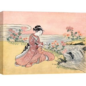 Kunstdruck, Kapanische Frau pflückt Chrysanthemen, Suzuki Harunobu