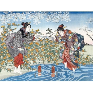 Cuadro Niñas japonesas junto al río Ide Tama, Kuniyoshi Utagawa