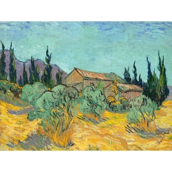 Cuadro, Cabañas de madera entre olivos y cipreses de van Gogh