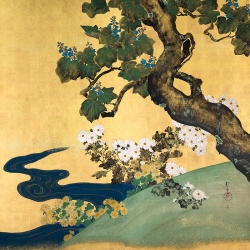 Tableau japonais arbres, Paulonie et chrysanthèmes, Hoitsu Sakai