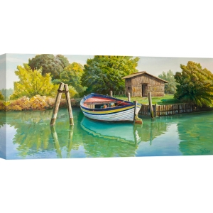 Quadro paesaggio, stampa su tela. Barca sul fiume, Adriano Galasso
