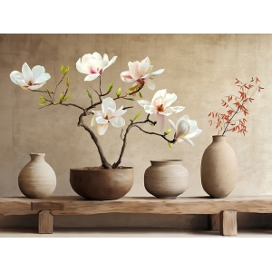 Tableau sur toile Vases en terre cuite et branche de magnolia