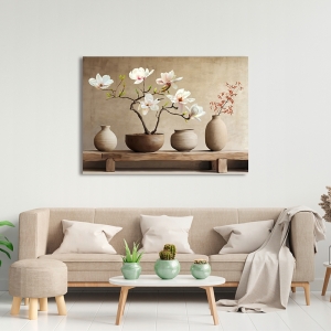 Quadro con Vasi in terracotta e ramo di magnolia