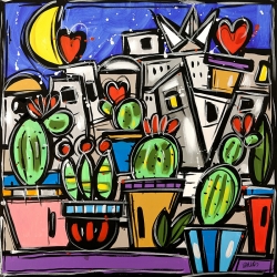 Tableau sur toile multicolore, Le jardin des cactus de Wallas