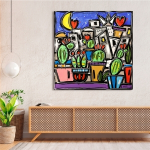 Colorful print on canvas, Happy cactus garden by Wallas