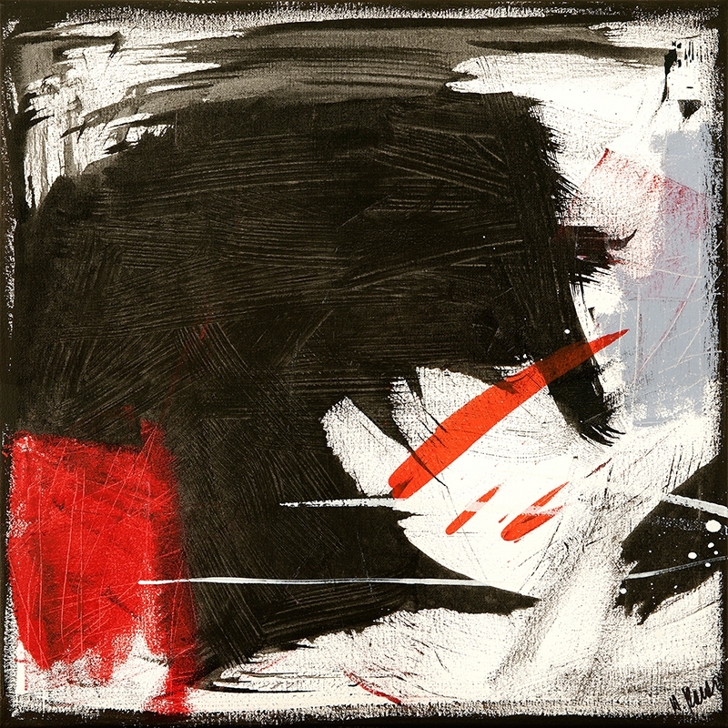 Tableau abstrait noir, blanc, rouge, Black Sound I de H. Romero