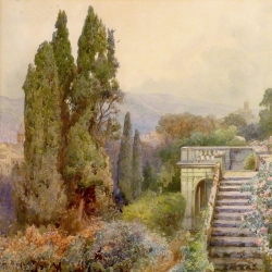 Quadro, stampa su tela. Ettore Roesler-Franz, Terrazza di Villa d'Este, Tivoli, 1845