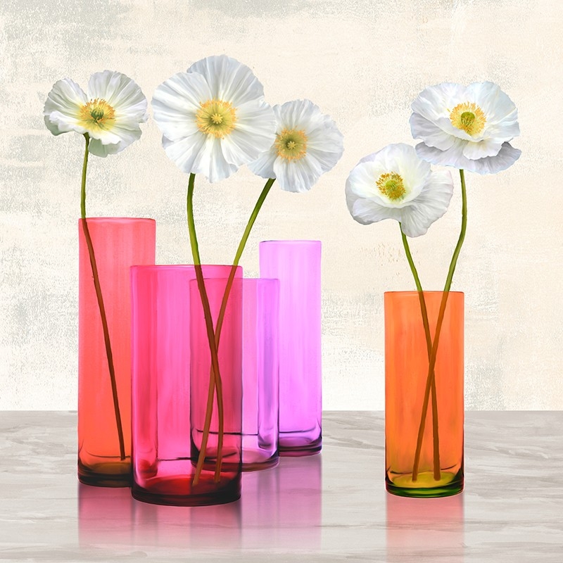 Quadro, stampa su tela. Cynthia Ann, Poppies in crystal vases (Purple I)