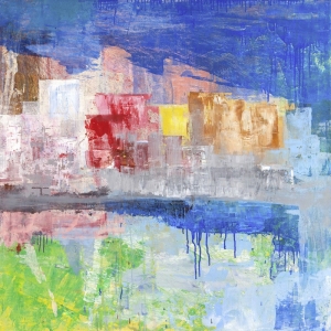 Cuadro abstracto azul en canvas. Italo Corrado, Pueblecito del lago