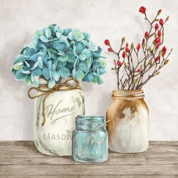 Wall art print and canvas. Jenny Thomlinson, Floral composition with Mason Jars I