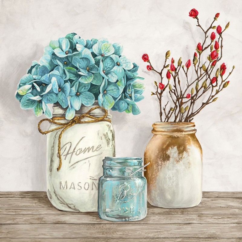Quadro, stampa su tela. Jenny Thomlinson, Composizione floreale in vasi Mason Jars I