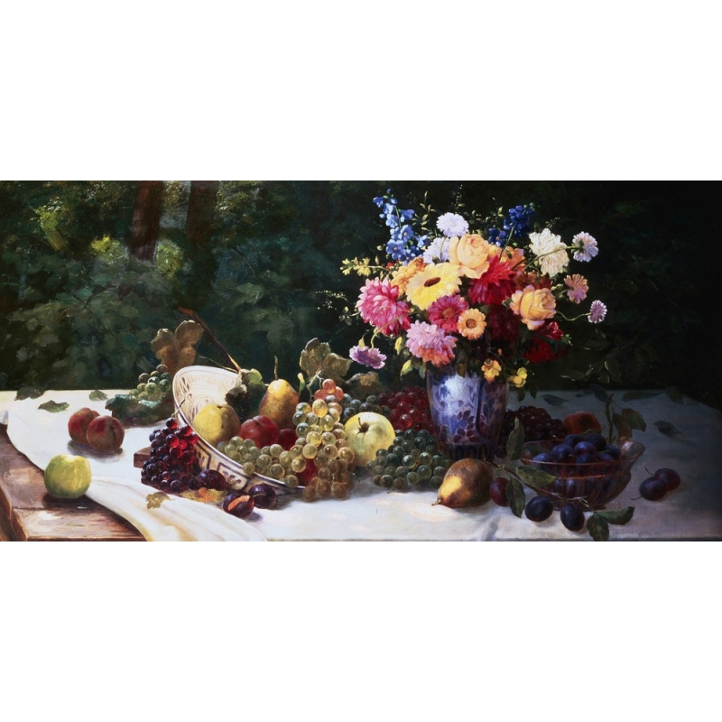 Wall art print and canvas. Adam Burghardt, Vase of Flowers and Fruit on a Draped Table