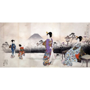Quadro, stampa su tela. Toyohara, Donne Giapponesi passeggiano davanti al monte Fuji