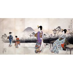 Wall art print and canvas. Toyohara, Japanese women strolling under the mount Fuji