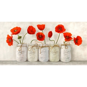 Tableau fleurs. Coquelicots dans des vases Mason Jars