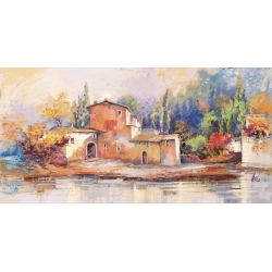 Wall art print and canvas. Luigi Florio, Houses on the lake