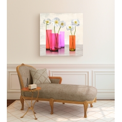 Wall art print and canvas. Cynthia Ann, Poppies in crystal vases (Purple I)