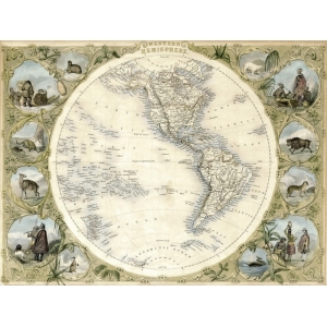 Quadro, stampa su tela. John Tallis, Map of the Western Hemisphere, 1850