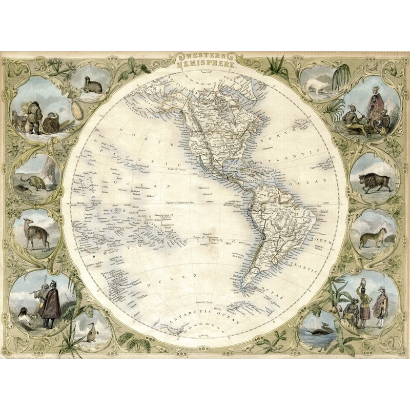 Tableau sur toile. John Tallis, Map of the Western Hemisphere, 1850