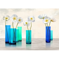 Quadro, stampa su tela. Cynthia Ann, Poppies in crystal vases (Aqua palette)