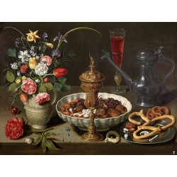 Wall art print and canvas. Clara Peeters, Still Life of Flowers and Dried Fruit