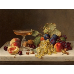 Cuadro en canvas. Emilie Preyer, Bodegón con frutas de verano y champán