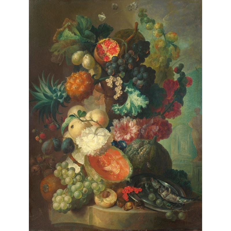Tableau sur toile. Jan Van Os, Fruit, fleurs et poissons