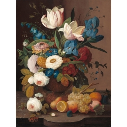 Quadro, stampa su tela. Severin Roesen, Natura morta, fiori e frutta