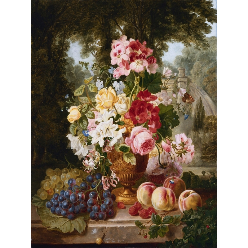 Wall art print and canvas. William John Wainwright, A Vase of Summer Flowers and Fruit