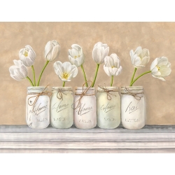 Tableau fleurs. Tulipes blanches dans des vases Mason Jars