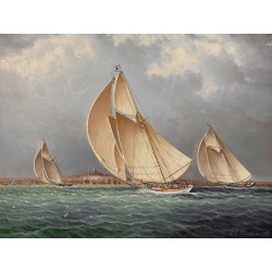 Quadro, stampa su tela. James E. Buttersworth, Veleggiando nel porto di Boston