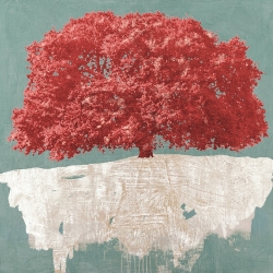 Wall art for living room. Art print and canvas. Red Tree on Aqua
