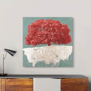 Wall art for living room. Art print and canvas. Red Tree on Aqua