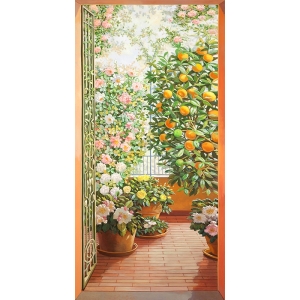 Wall art print, canvas. Trompe l'oeil. Door to the flowery terrace