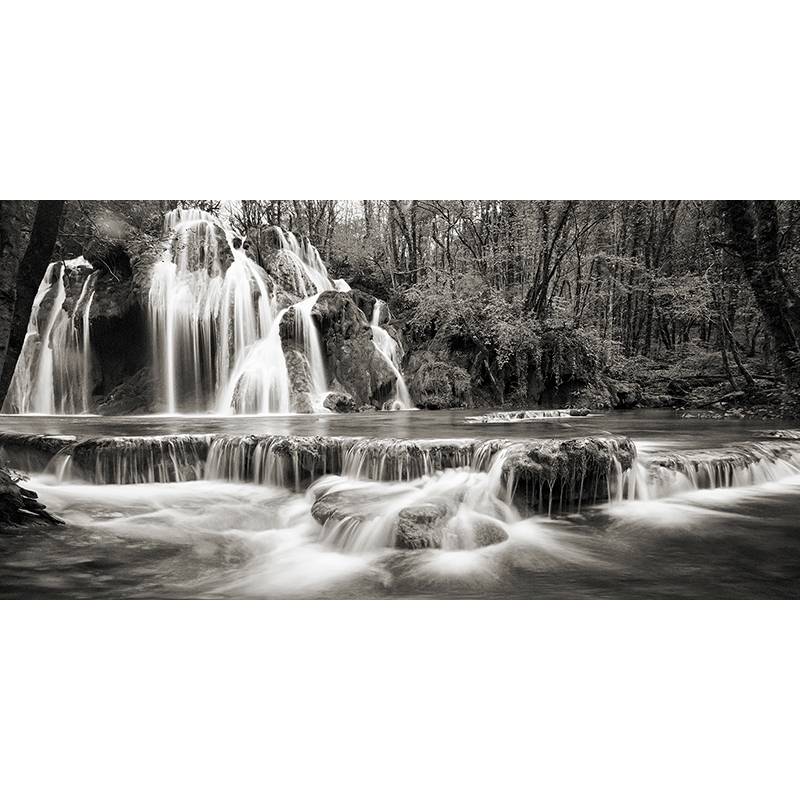 Wall Art Print, Canvas. Nature photography. Waterfall in forest BW