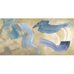 Tableau abstrait moderne sur toile. Ikeda, Blue Waves on Gold