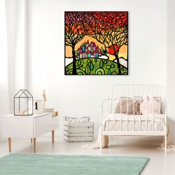 Wall art print and canvas. Wallas, Trees looking the village under the sunset