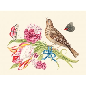Leinwandbilder und Poster. Kleiner Vogel auf einem Blumenstrauß