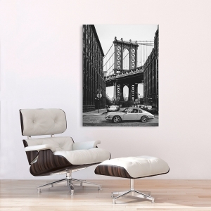 Vintage car poster and canvas. By the Manhattan Bridge (BW)