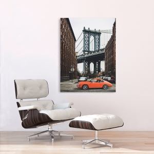 Vintage car poster and canvas. By the Manhattan Bridge