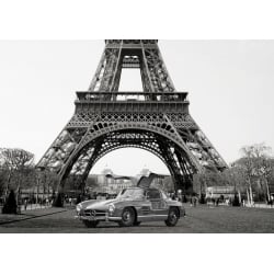 Quadro, stampa su tela. Auto sportiva sotto la Torre Eiffel (BW)