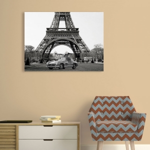 Wall art print, canvas, poster. Roadster under the Eiffel Tower (BW)