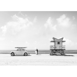 Poster mit Wagen. Waiting for the Waves, Miami Beach (BW)
