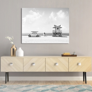 Vintage car poster and canvas. Waiting for the Waves (BW)