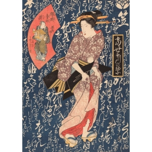 Japanese art print, canvas. Keisai Eisen, Geisha in antique kimono
